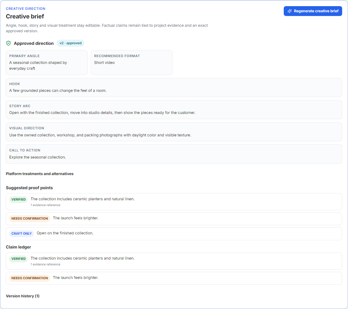 Approved creative brief showing verified, needs-confirmation, and craft-only claim grades