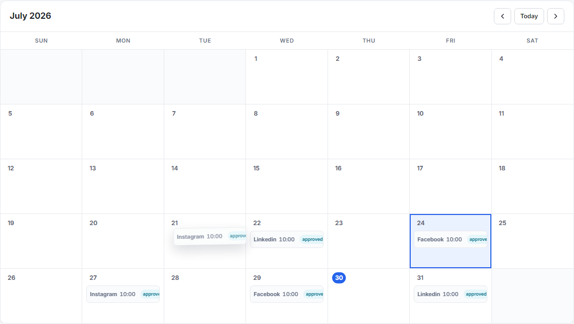 Real Month calendar with platform post cards, an active drag state, and a highlighted target day